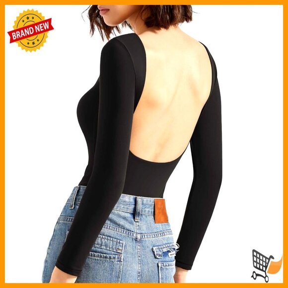 Tops - Y2K Backless Bodysuit Double Lined Long Sleeve Sexy Basic Top Open Back